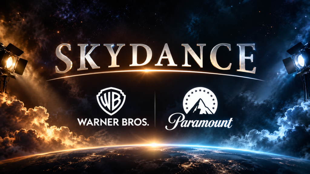 Skydance, Warner Bros. and Paramount logos against a dramatic cloud background.