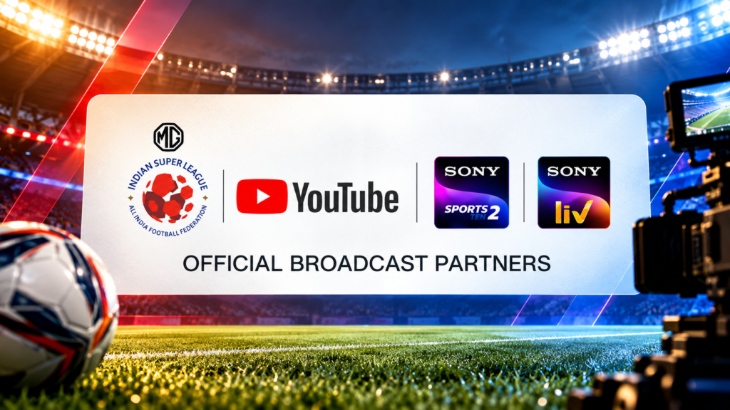 Indian Super League broadcast-partner graphic with YouTube, Sony Sports and Sony LIV logos.